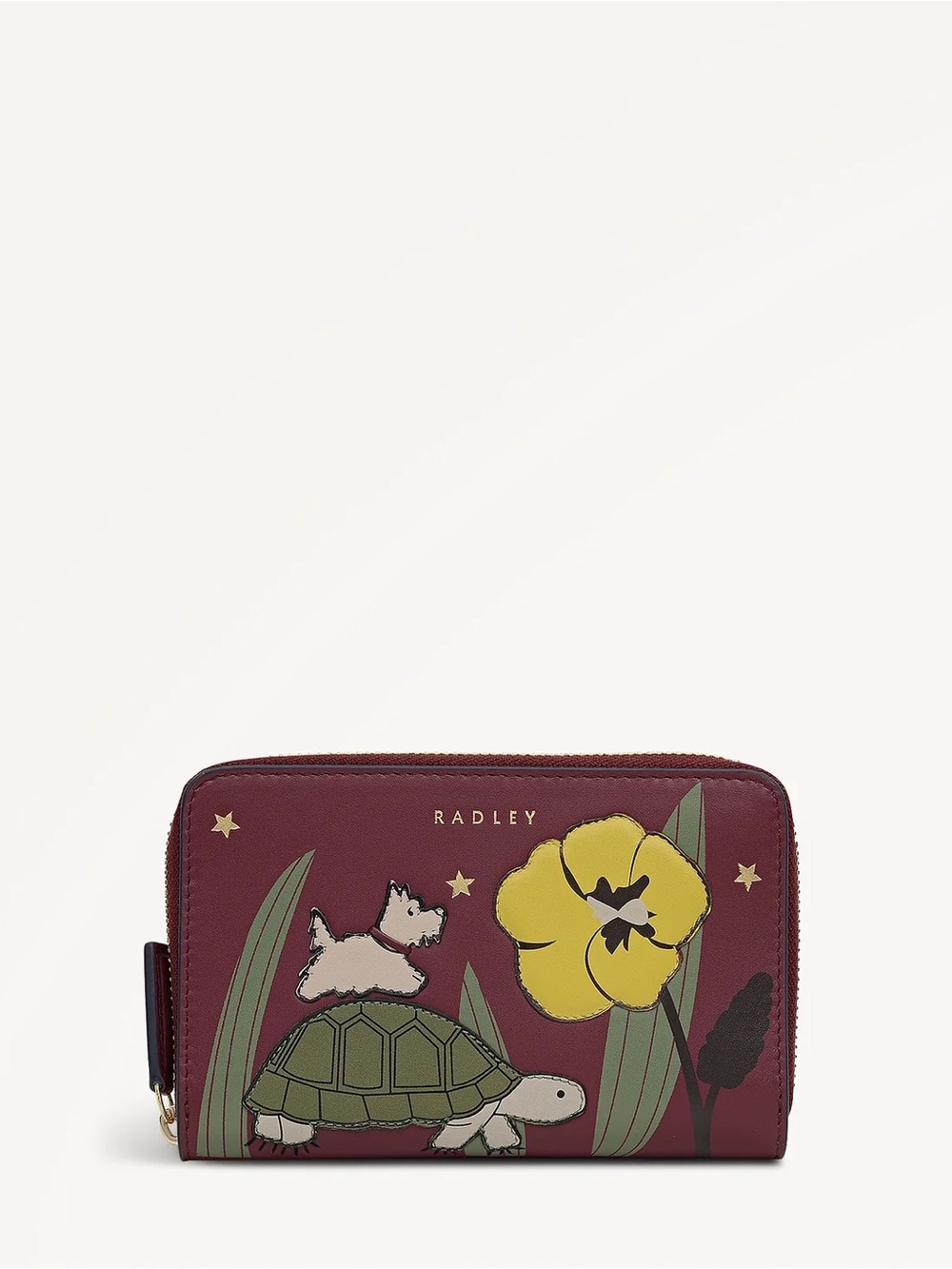 RADLEY LONDON Burgundy Wallet with Yellow Flower and Green Turtle Motif